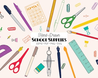 School Supplies Colored Clip art, Hand Drawn Stationary, Office (Png, Svg ,Eps, Pdf)
