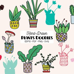 May include: Hand-drawn plant doodles in various pots, including cacti, flowers, and leafy plants. The image features a variety of colorful pots with different patterns and designs. Text in the image reads "Hand-Drawn Plants Doodles".