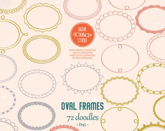 Glitter Oval Frames | Gold, Rose Gold & Silver Hand Drawn Border + Decorative Labels | Floral Wreaths Clip art | Png