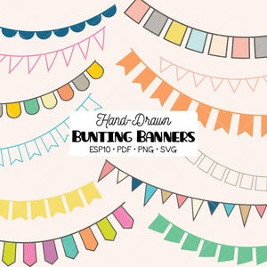 Colored Bunting Banners Clip art | Hand Drawn Garland, Triangular Flags (png, svg, eps, pdf)