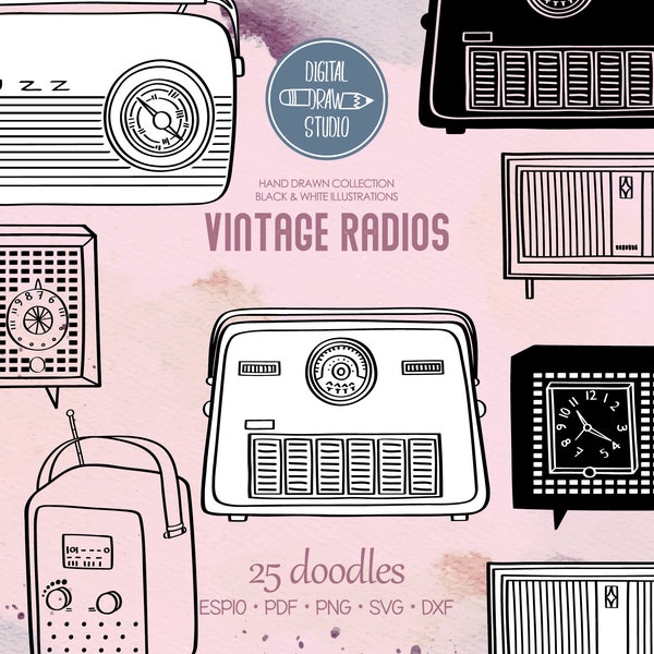 Vintage Radio's | Handgetekende Retro Wekker Clip Art | Oude Radio Outline Tekening | Png Eps Pdf Svg Dxf