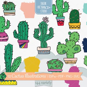 Imágenes prediseñadas de cactus de colores / Suculentas dibujadas a mano, tropicales, desérticas, tunas, plantas de interior / Png Eps Pdf Svg