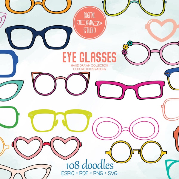 Glasses Colored Clip art | Hand drawn Retro Frames | Eye wear Outline Drawing | Png Eps Pdf Svg