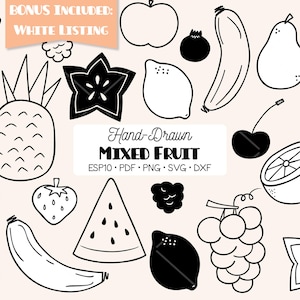 May include: Black and white hand-drawn illustrations of various fruits, including a watermelon slice, pineapple, star fruit, banana, and grapes. The image includes the text "Hand-Drawn Mixed Fruit".