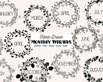 Hand-Drawn Monthly Wreaths Clipart | Decorative Round Frames | 4 Seasons | Png Svg Eps Pdf Dxf