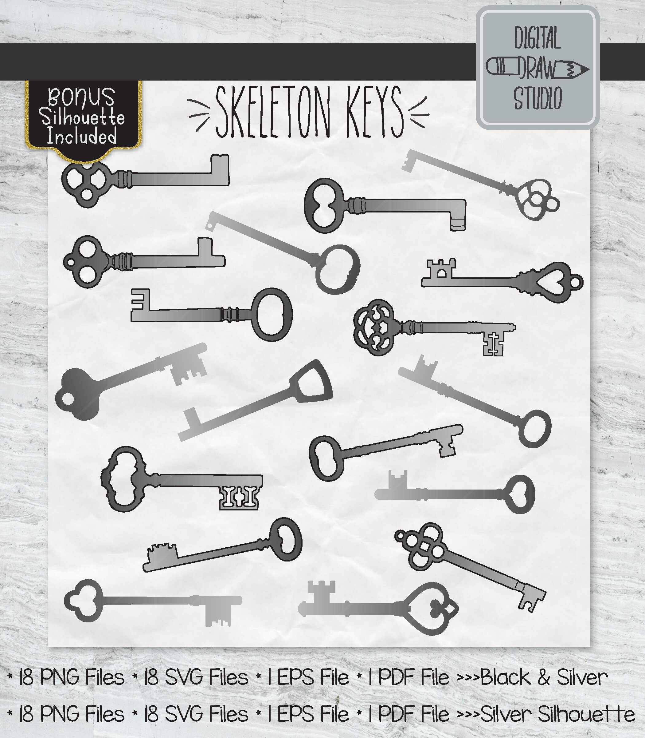 18 Silver Key Clip Art Hand Drawn Victorian Keys Vector Etsy