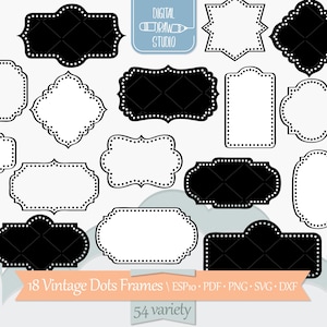 Ramki Vintage Dots | Ręcznie rysowany zarys obramowania | Dekoracyjne etykiety Clip Art | Png Svg Eps Pdf Dxf