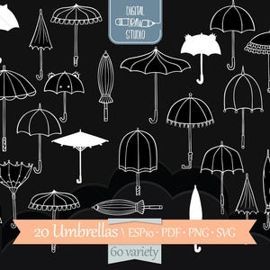 Weißer Regenschirm Clip Art | Handgezeichnet Strand Sonnenschirm Vektorgrafik | Rüschenschirm Umrisszeichnung | Png Eps Pdf zwart
