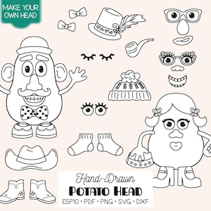 May include: A digital collection of black and white line art illustrations featuring two potato-shaped characters and various accessories including hats, shoes, glasses, mustaches, and mouths. Text reads: MAKE YOUR OWN HEAD and Hand-Drawn POTATO HEAD.