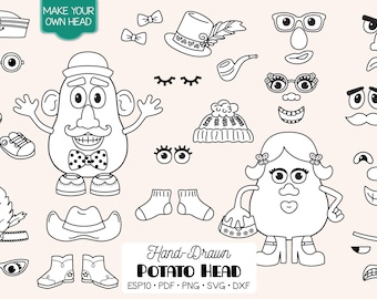Potato Head Hand Drawn Graphic | Mr. & Mrs. Paper Doll Outline Drawing | Body Parts Clip art | Png Svg Eps Pdf Dxf