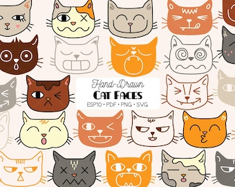 Colored Cat Faces Clipart | Kawaii Animal Head Doodles (png, svg, eps, pdf)