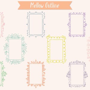 May include: A collection of nine colorful, hand-drawn rectangular frames with decorative borders. The frames are in various colors, including pink, blue, green, yellow, orange, and purple, with floral and seashell motifs. The text "Mellow Outline" is at the top.