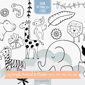 Jungle Animals Clipart | Hand Drawn Elephant, Lion, Giraffe, Hippo, Rhino, Zebra, Tiger, Monkey, Tropical Leaves | Png Svg Eps Pdf Dxf