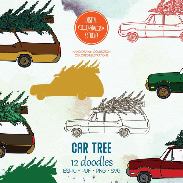 Station wagon Colored Clip Art | Hand Drawn Christmas Pin Tree on Car Outline Drawing | Vintage Holiday Greeting Card | Png Svg Eps Pdf
