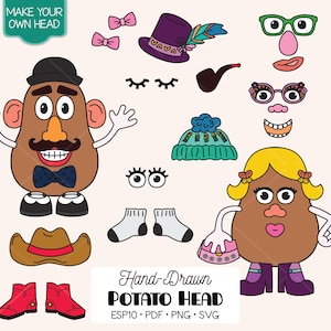May include: A digital illustration set featuring two potato-shaped characters and various accessories including hats, shoes, glasses, eyes, noses, and mouths. The text "MAKE YOUR OWN HEAD" and "Hand-Drawn POTATO HEAD ESP10 PDF PNG SVG" is clearly visible.
