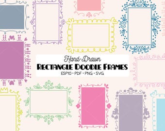Marcos rectangulares de doodle de colores (imágenes prediseñadas) / Borde floral dibujado a mano, corona decorativa (PNG, EPS, PDF, SVG)