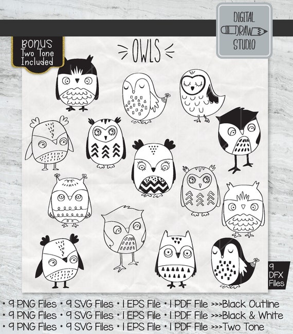 18 Owls Clip Art Hand Drawn Birds Vector Graphics Night Etsy