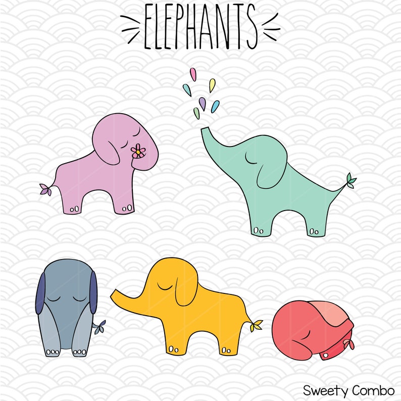 Download Clip Art Hand Drawn Elephants Clip Art Jungle Animal Outline Drawing Bundle Png Svg Eps Pdf Baby Elephant Vector Graphics Illustration Art Collectibles