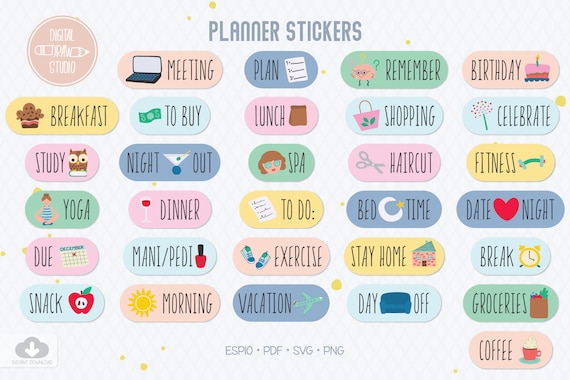 Planner Stickers DIY Digital Planner & Printable Organizer Pastel Color Tab  With Icons Png Svg Eps Pdf 