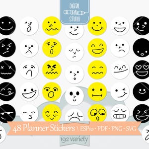 Pegatinas de planificador de emociones / Emojis kawaii digitales e imprimibles DIY / Iconos de círculo amarillo / Png, SVG, EPS y PDF