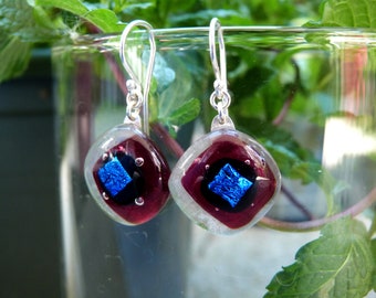 red glass earrings and blue dichroic glass