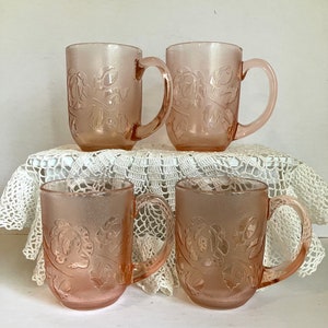 Vintage Pink Glass Tea Cups Rose Embossed & Frosted, Hot or Cold Beverage, made in France by Arcoroc, circa 1980s