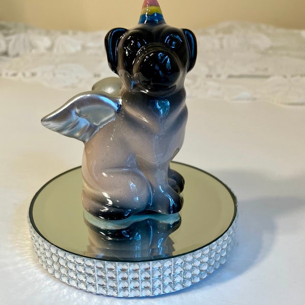 Miniature Pug Dog-Unicorn 3 3/4” Ceramic Vintage 90s Figurine