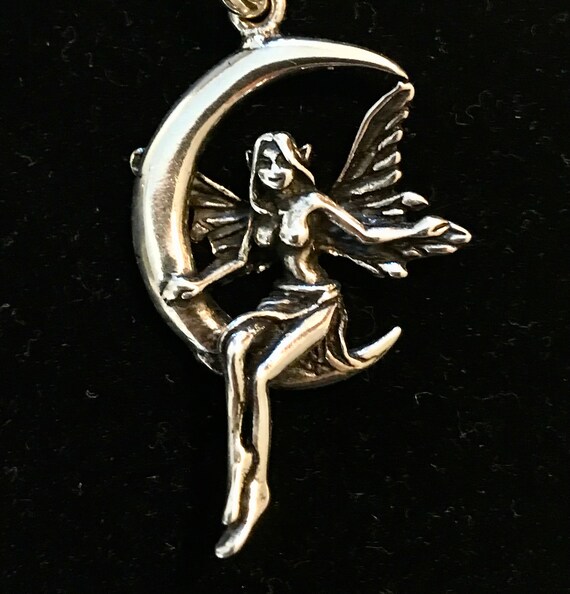 Anime Style Fairy on Moon Sterling Silver Pendant… - image 1