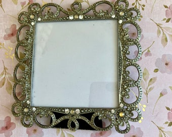 Floral Jeweled Picture Frame, French Postcard, Signed Costume