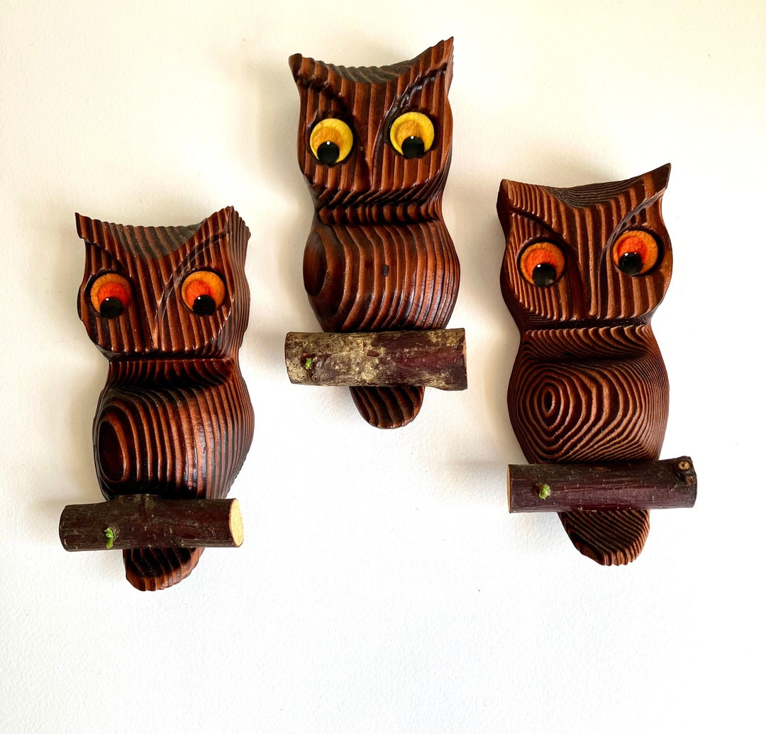 Carved Wood Owls Wall Art Set of 3 Each 7 Tall X Etsy