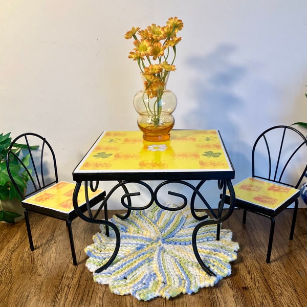 1:6 Doll Dinette Set OOAK Wrought Iron and Tile Table with 2 Chairs of Wire& Wood, Fits Barbie Size Dolls.