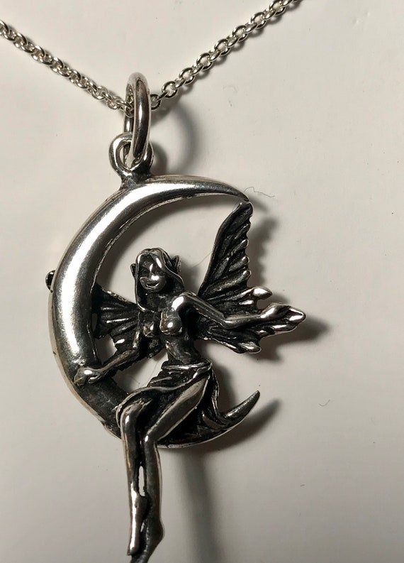 Anime Style Fairy on Moon Sterling Silver Pendant… - image 5