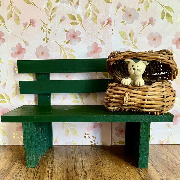 Vtg Doll Green Bench with Kitty in a Basket Wooden 1:6 Handmade