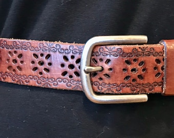 Leather Belt Hand Crafted Brass Buckle Vintage 1970s