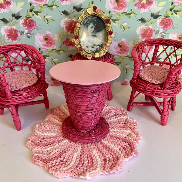 Barbie's Old Fashion Wicker Furniture with Miniature Rose Frame, OOAK Doll Furniture Renovation