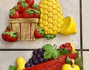Set of Vintage Homco Fruit Wall Plaques 1975 Syroco Wall Hanging Decor #7350 #7351 made in USA. Set/2