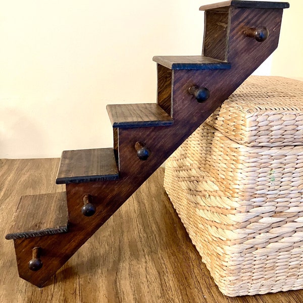Wooden Stairway Curio Displayer, 5 Shelves with Hooks, Dark Wood Vintage Hand-Crafted
