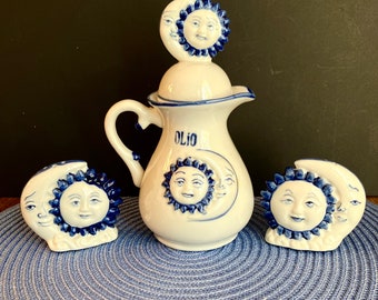 Sun Moon Pitcher & Salt and Pepper Shakers, Delft Blue Celestial Ceramic Tableware