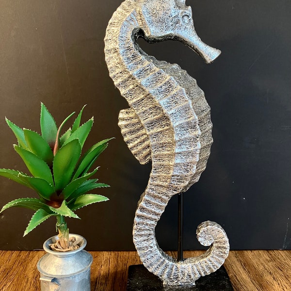 Silver Seahorse Statue on Black Stand Tabletop Coastal Decor 12.25” tall