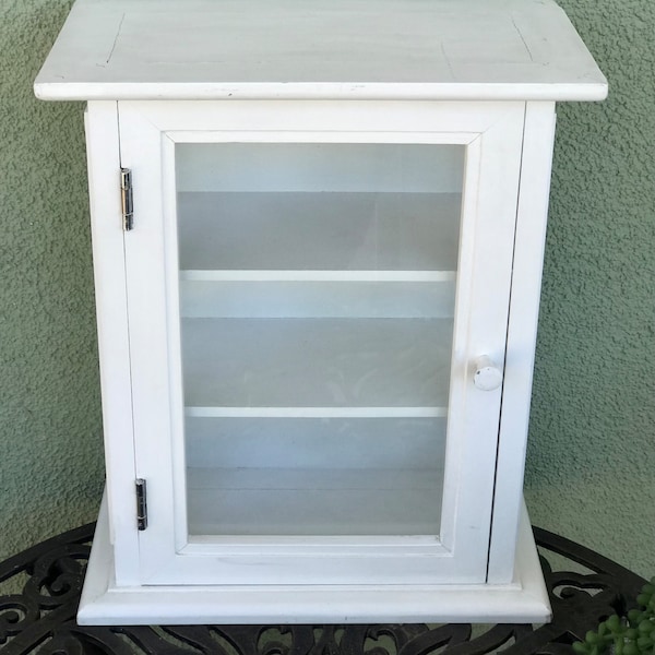 White Vintage Wooden Curio Cabinet With Glass Door, Medicine Cabinet 17 1/4” tall x 12” wide x 6 1/2” deep