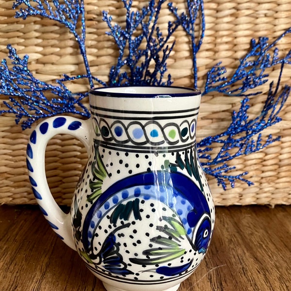 Le Souk Ceramique Blue Fish Pottery Mug/Small Pitcher/Vase, Vintage made in Tunisia,