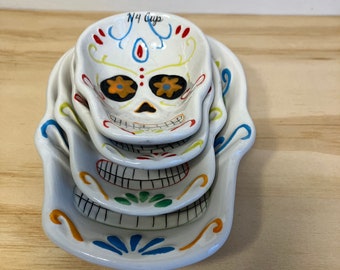 Day of Dead "Skull" Set Of 4  Nesting Sugar Skull Ceramic Measuring Cups