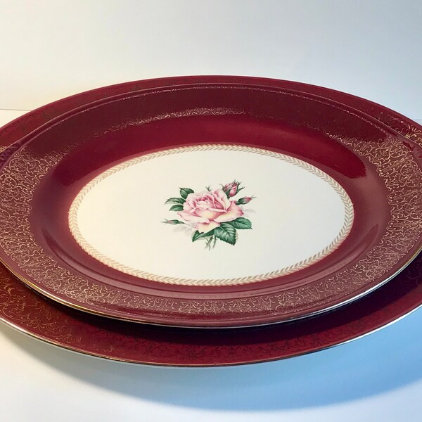 Homer Laughlin 3 Piece Serving Set, Pink Rose w/22kt Gold Scroll on Maroon Edging, 2 Lg Platters 1 Bowl, 1950s,Holiday Dining