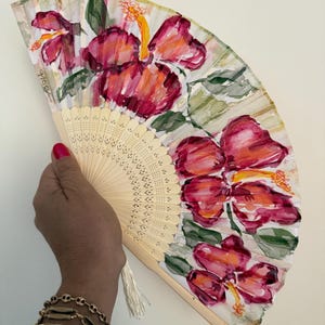 Hand Painted Fan Hibiscus Flower, Silk Hand Fan, Floral Fan, Folding Hand, Spanish Hand Fan, hand fans gift for her with case