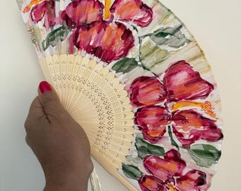 Hand Painted Fan Hibiscus Flower, Silk Hand Fan, Floral Fan, Folding Hand, Spanish Hand Fan, hand fans gift for her with case
