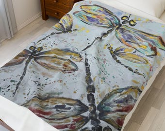 Artistic Hand Painted Dragonfly Velveteen Plush Blanket: Nature Inspired Cozy Home Decor Throw Blanket, Boho Style
