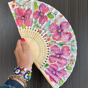 Hand Painted Silk Hand Fan, Pink Flowers Designer Folding Fan, Nature Inspired Gifts for Women, pink flower hand fan gift for her
