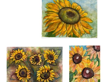 Set of 3 Hand Painted Watercolor Sunflower Painting Floral Wall Art, Abstract Watercolor Flowers, Bold Colorful Sunflowers Painting