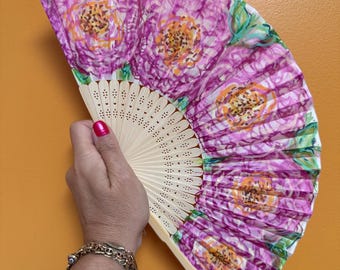 Pink Roses Hand Painted Silk Hand Fan, Festival, Beach Travel and Wedding Accessory