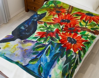 Cat & Flowers Fleece Throw Blanket, Watercolor Art Decor. Whimsical Cat Blanket